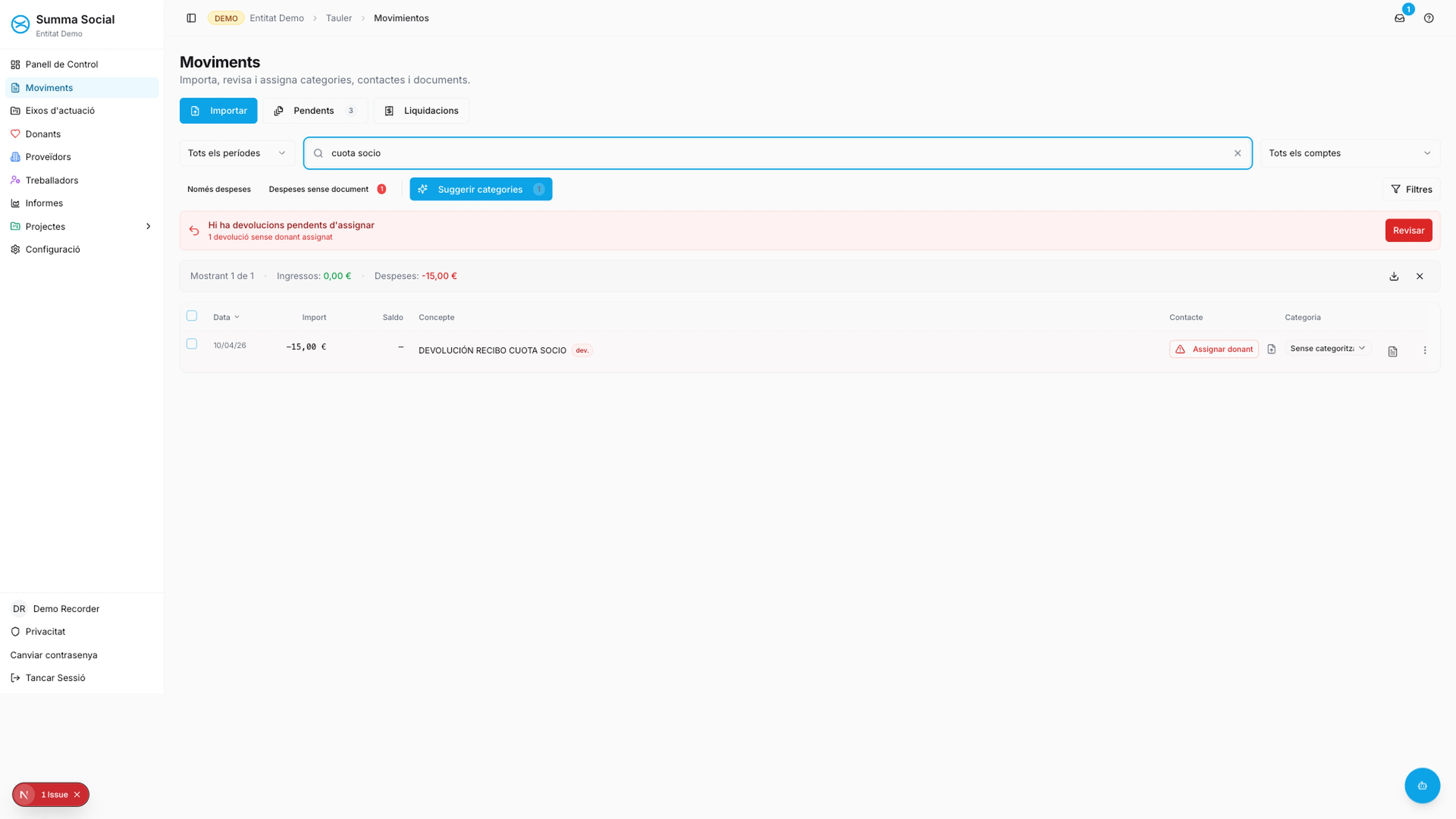 Pantalla de seguiment de devolucions de rebuts a Summa Social