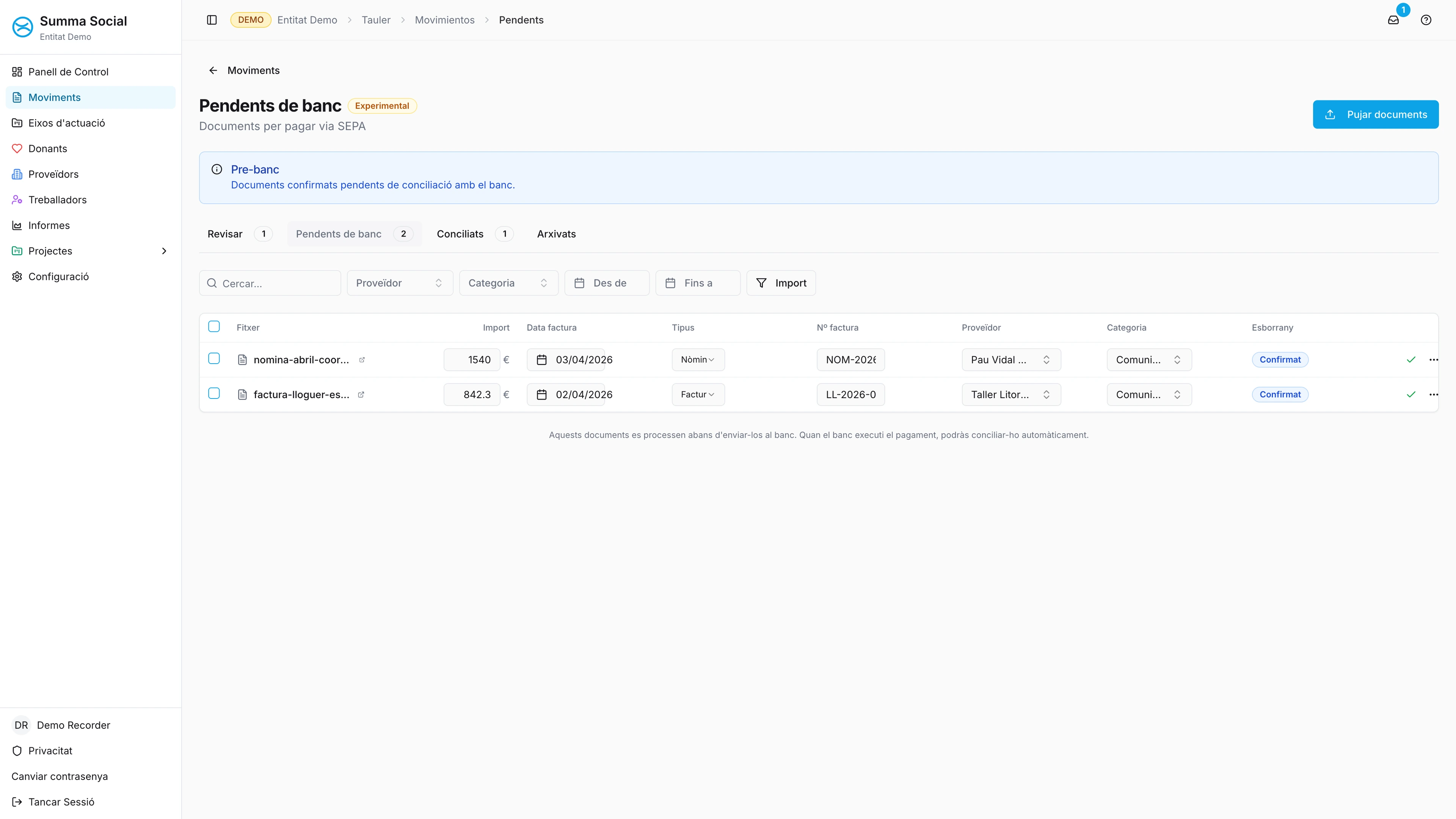 Pantalla de generació de remeses SEPA a Summa Social