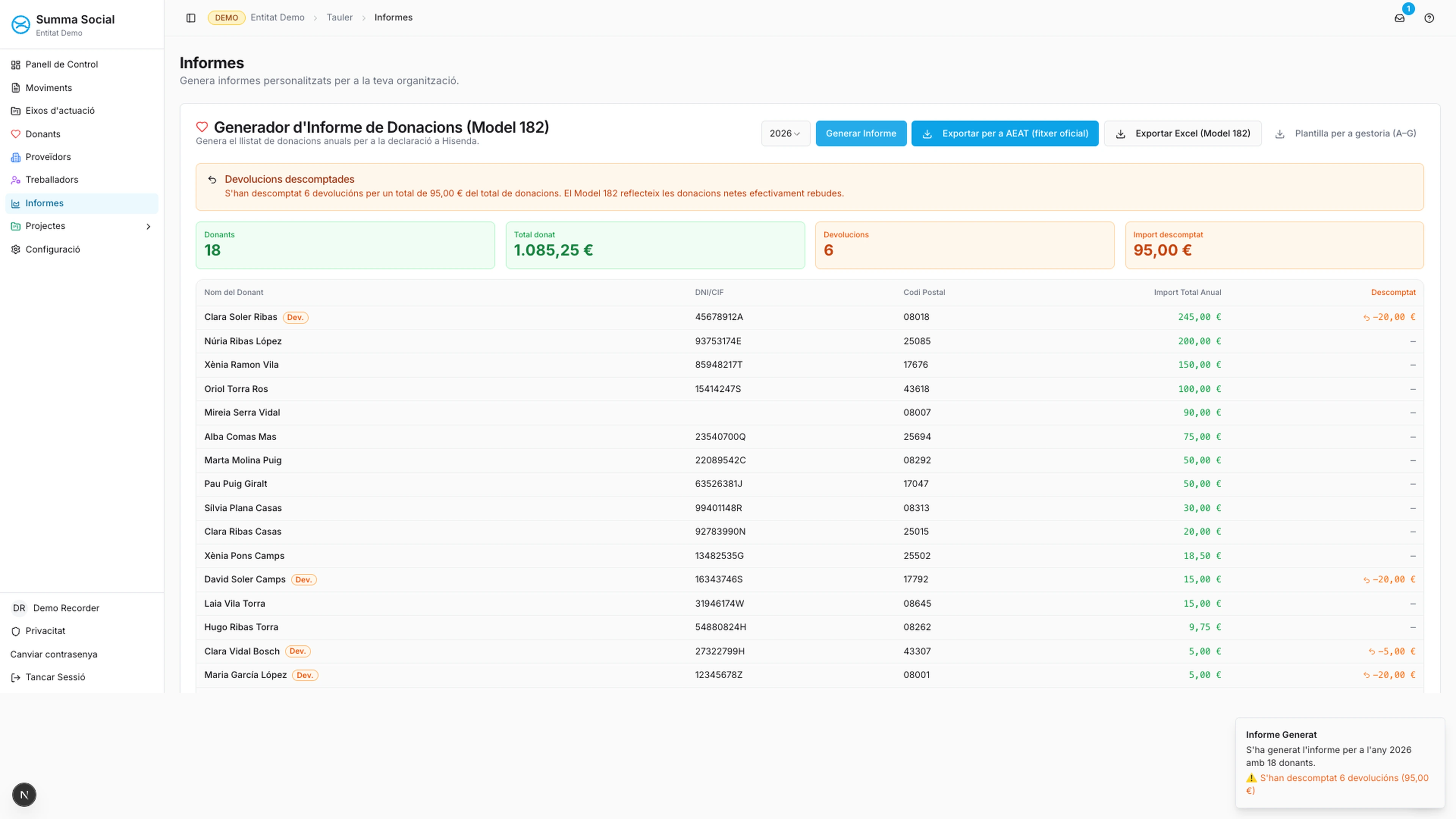 Pantalla del Model 182 a Summa Social