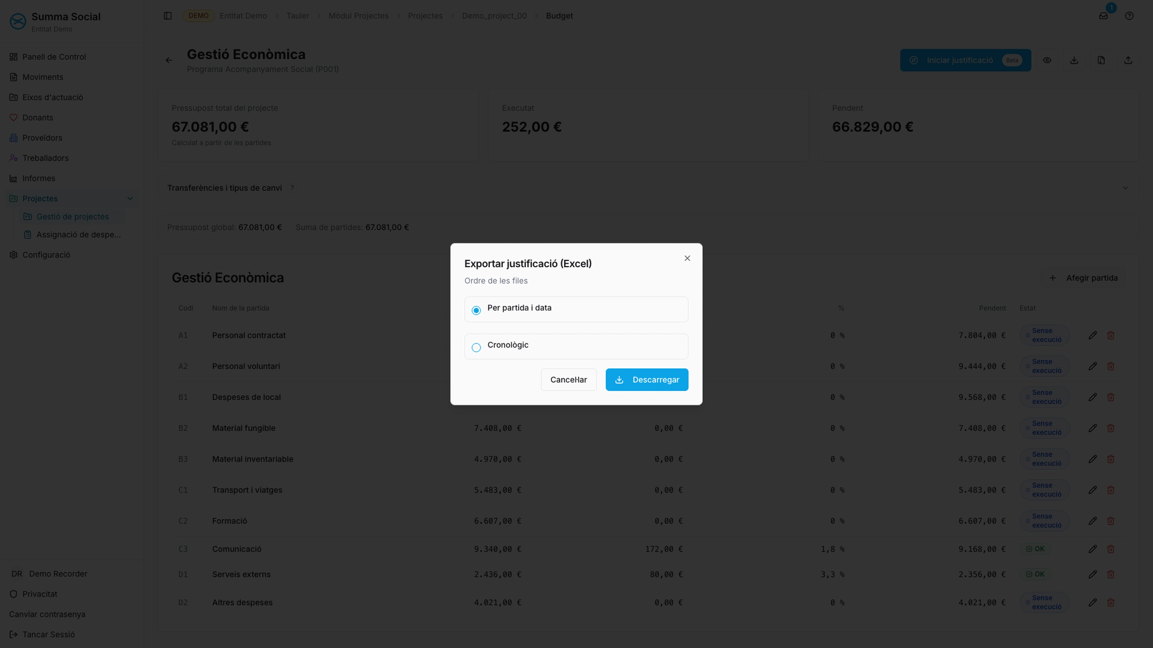 Pantalla d’exportació de justificació per a finançadors a Summa Social